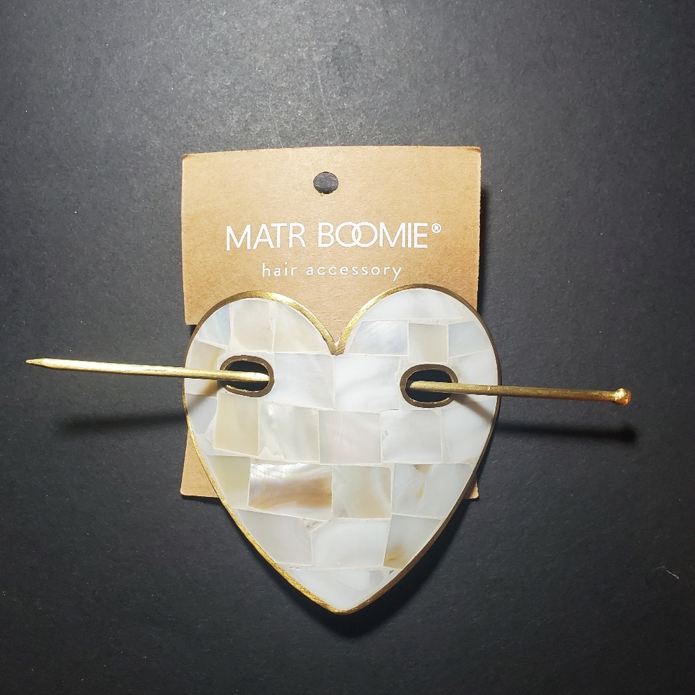 Mother-of-Pearl Shell Handmade Chitra Heart Hair Slide Brass Stick Accessory NWT - Picture 8 of 12